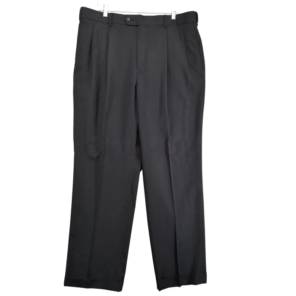 Stafford Black Pleated Dress Pants Mens 40x32 Classic Fit Cuffed Formal Business